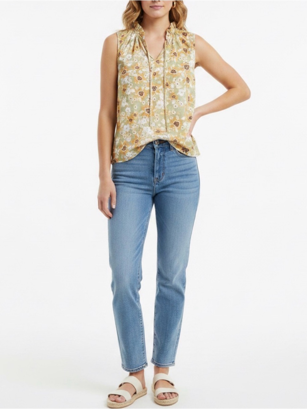 MELLODAY Yellow and Light Green Floral Ruffle Tie-Neck Camisole
